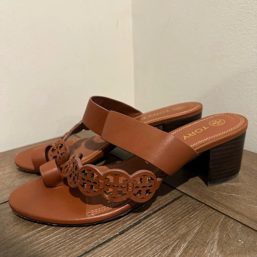 Tory Burch Tiny Miller Toe Ring Block Heeled Sandals Burnt Cuoio Size 8 - Picture 2 of 7